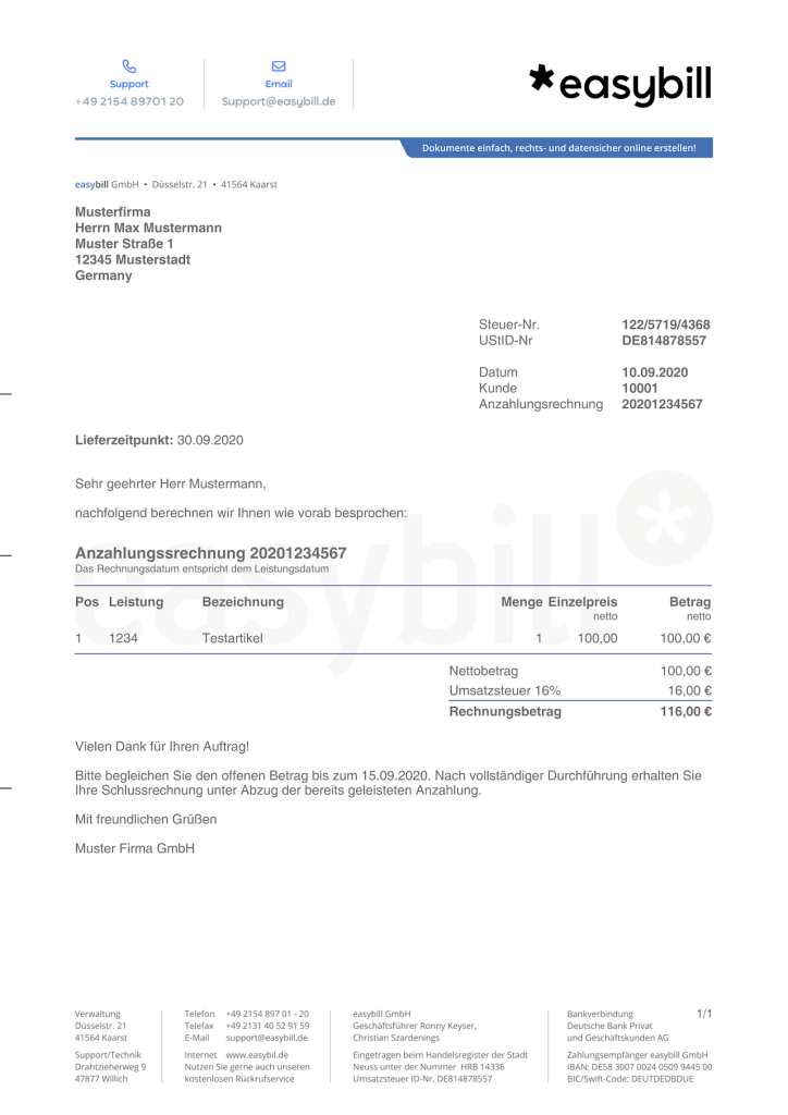 Anzahlungsrechnung Vorlage