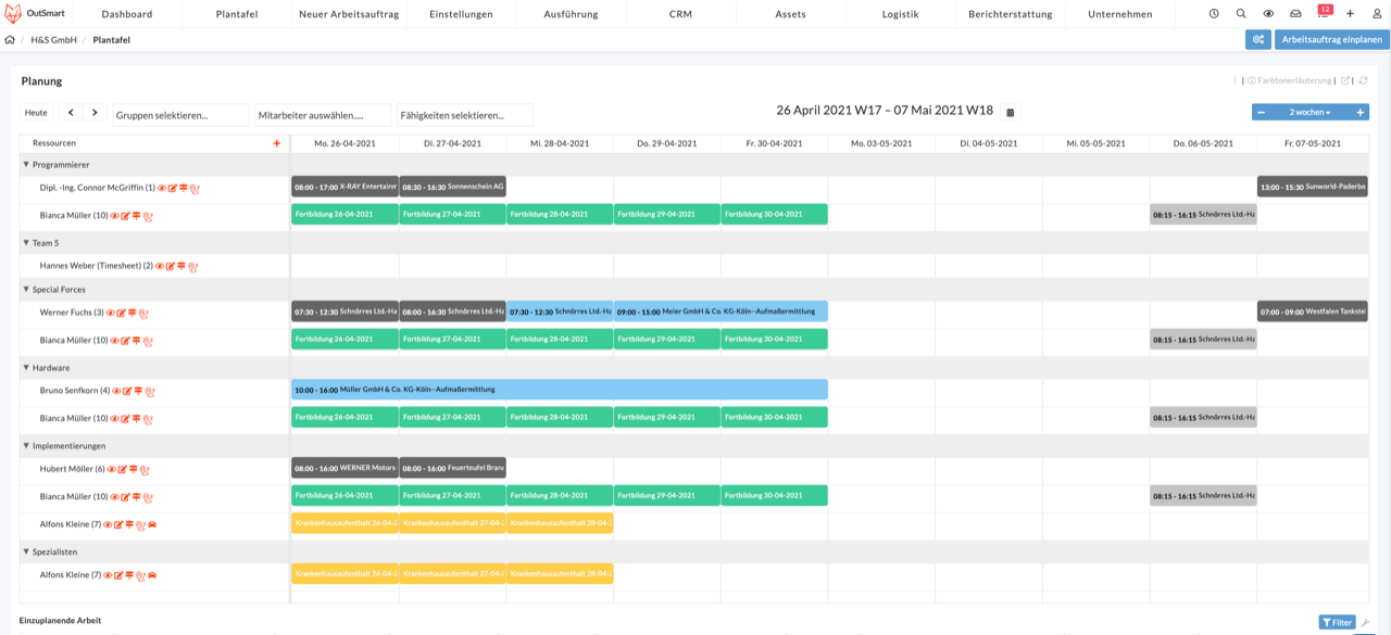 Outsmart Softwareeinblick in Plantafel