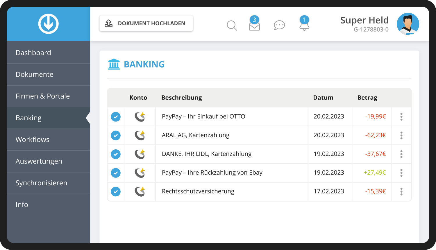 GetMyInvoices Banking Benutzeroberfläche