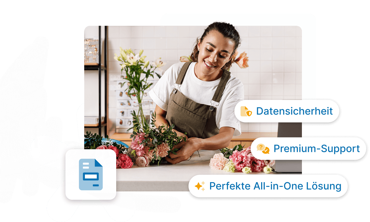 Lächelnde Blumenhändlerin hat durch easybill Zeit gespart und kann sich auf ihr Business konzentrieren