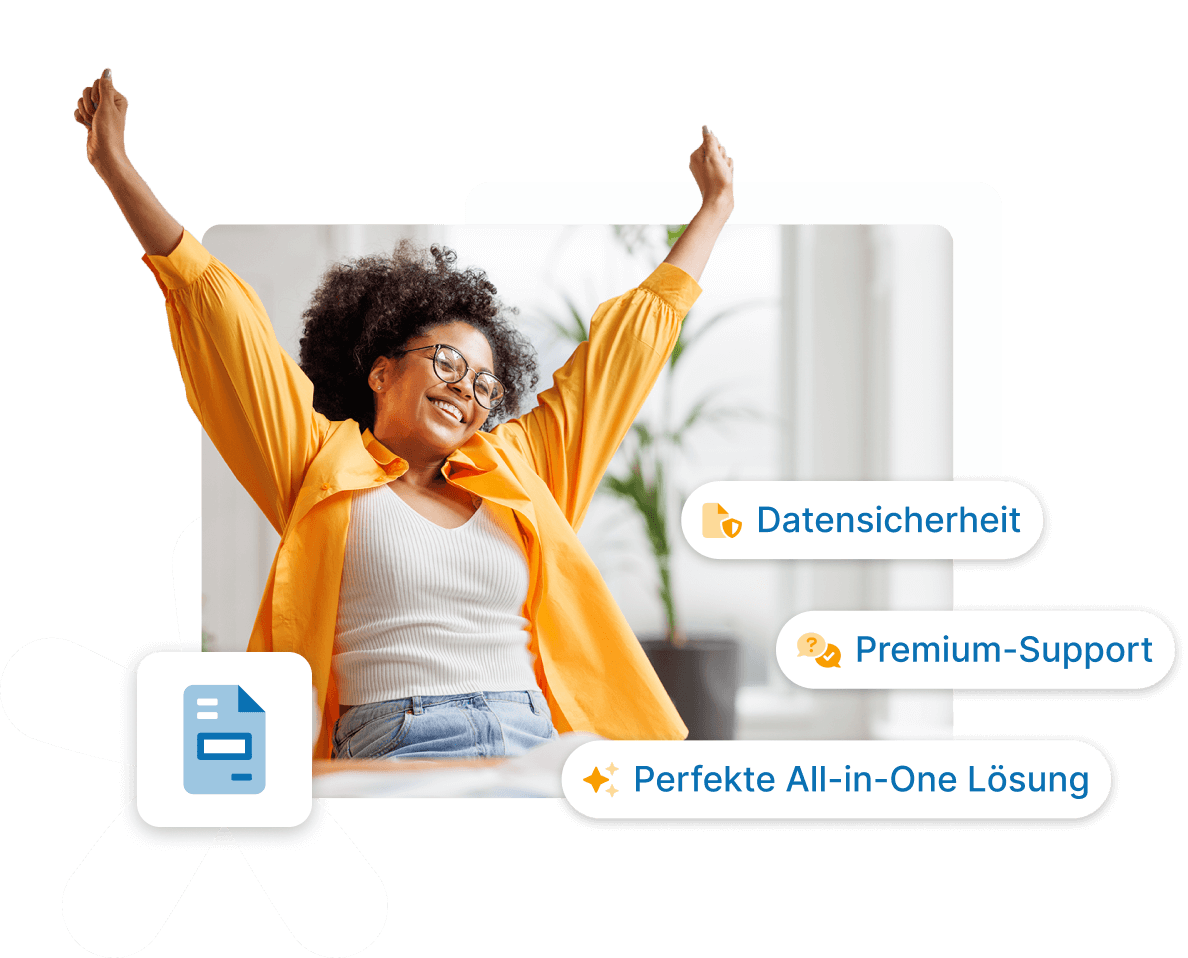 Freiberuflerin sitzt am Laptop und streckt die Arme aus