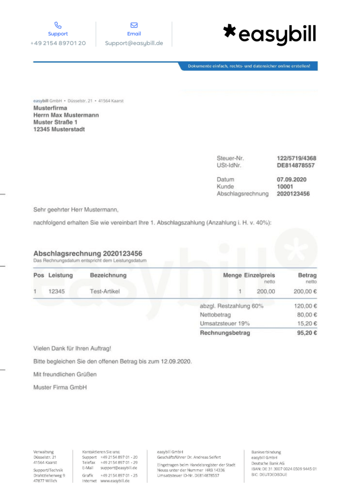 Beispiel einer Abschlagsrechnung, erstellt mit easybill. Die Rechnung enthält Angaben wie die Rechnungsnummer, das Datum, den Kunden, die Beschreibung der abgerechneten Leistung, den Nettobetrag, die abgezogene Restzahlung, den Umsatzsteuersatz und den daraus resultierenden Rechnungsbetrag.