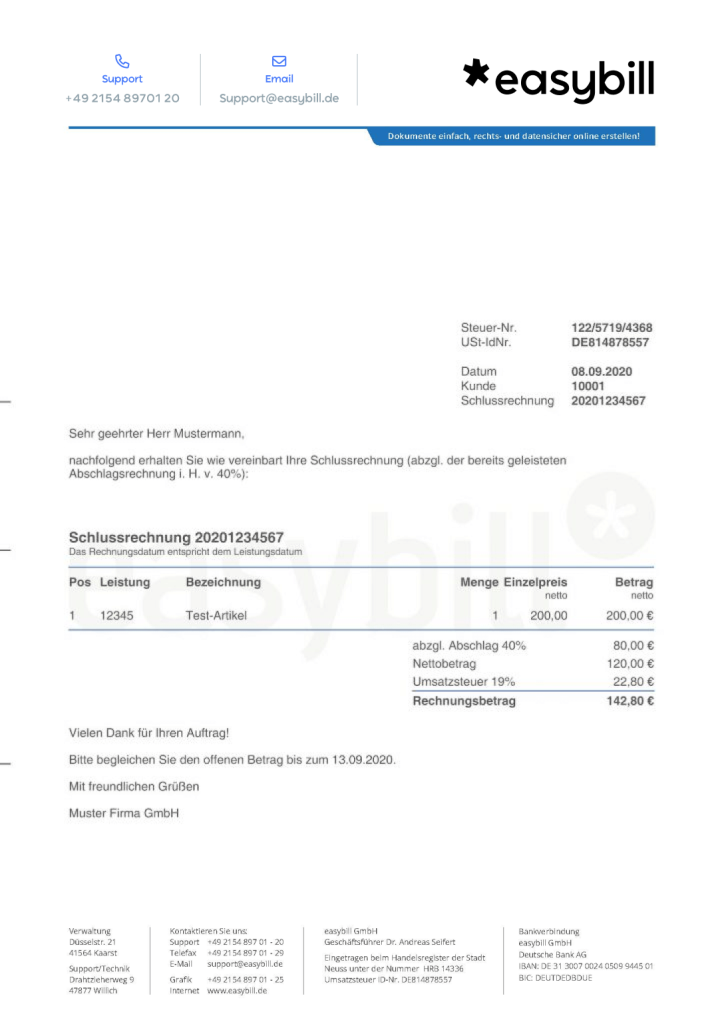 Beispiel einer Schlussrechnung, erstellt mit easybill. Die Rechnung enthält Angaben wie Rechnungsnummer, Datum, Kunde, und die detaillierte Beschreibung des abgerechneten Test-Artikels. Es wird der Nettobetrag, der zuvor in der Abschlagsrechnung abgezogene Betrag, der Umsatzsteuersatz sowie der Gesamtbetrag der Schlussrechnung ausgewiesen.
