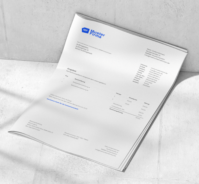 Benutzeroberfläche von easybill zur Erstellung eines Angebots, mit Optionen zur Auswahl zwischen Rechnung, Gutschrift, Wiederholungsrechnung und Angebot sowie einer Vorlageeinstellung.